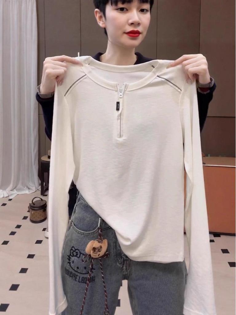 Women's Korean-Style White Half-Zip Long-Sleeve T-Shirt - 2025 Autumn, Loose Fit & Slimming