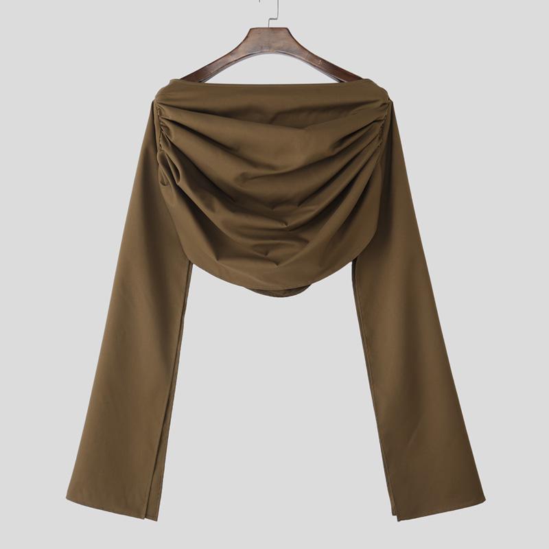 

INCERUN Men s Swing Collar Splits Long Sleeve Irregular Mix&Match Cropped Tops Shirts 3XL коричневый