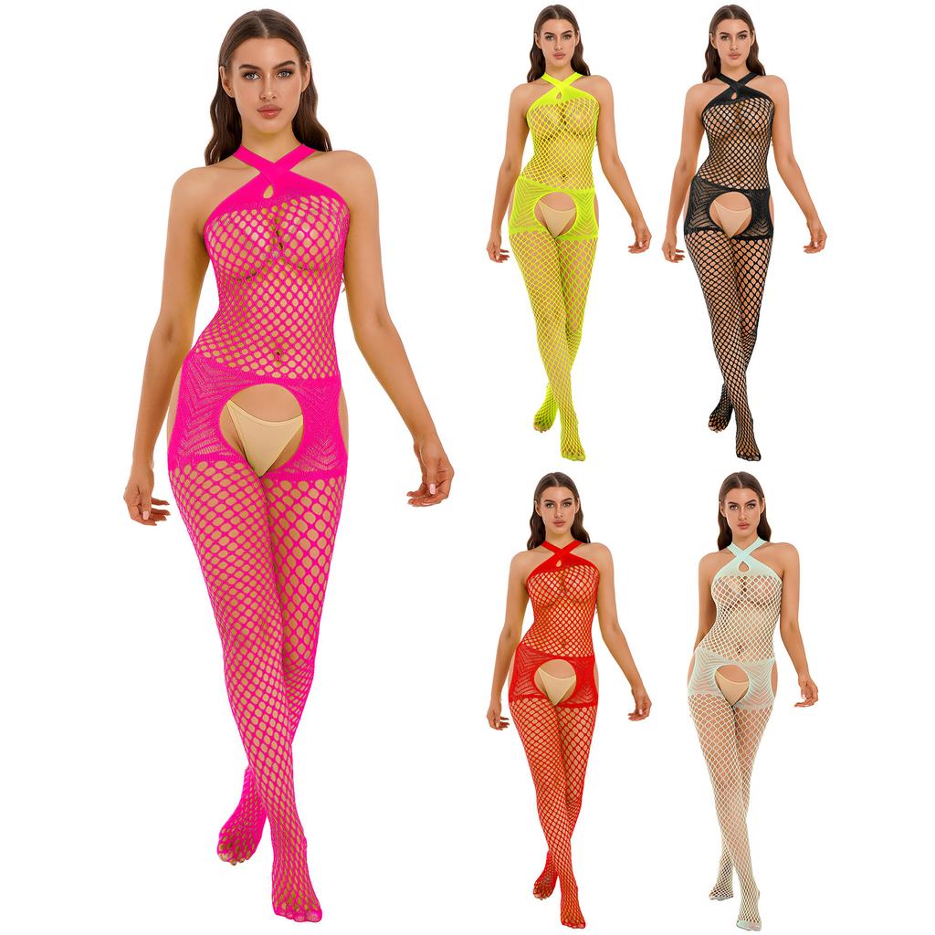Bodystocking a rete da donna con design traforato, scollo all'americana incrociato e top da discoteca
