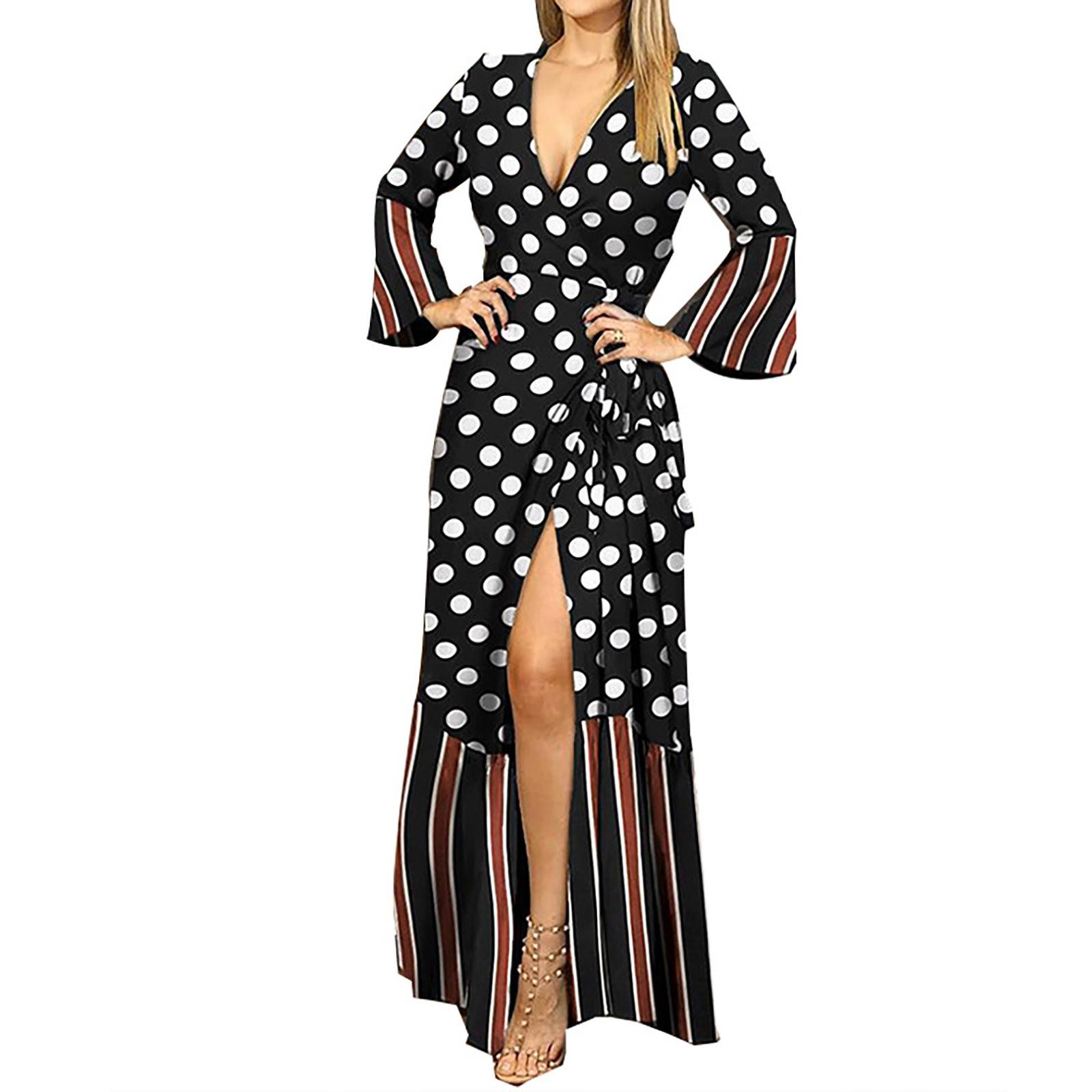

Women s Fashion V-neck Long-Sleeved Print Oversized Strappy Long Dresses XXL чорний