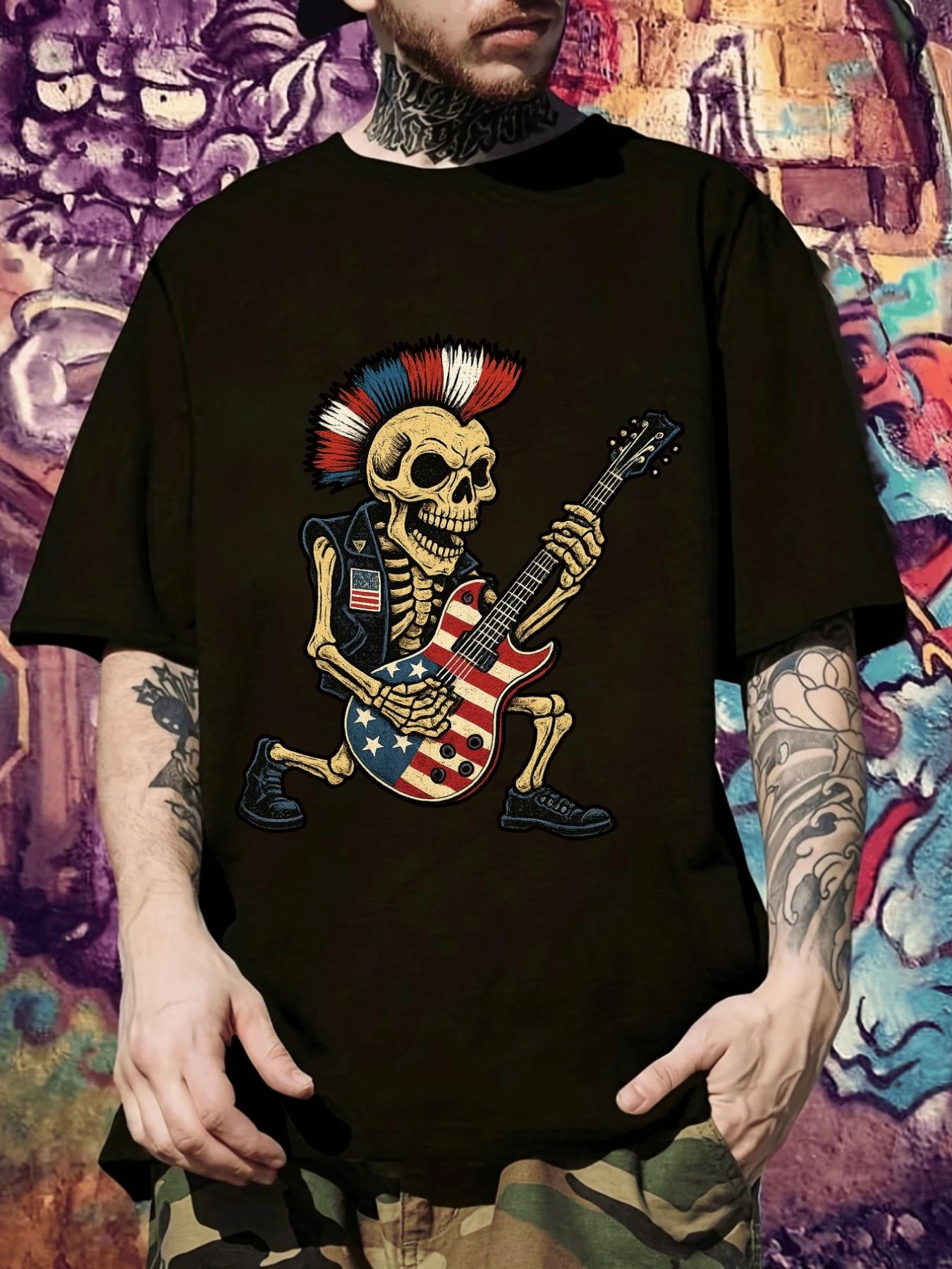 Punk Rock Graphic T-shirt - Black Rebel Skeleton Guitarist Tee with American Flag XL