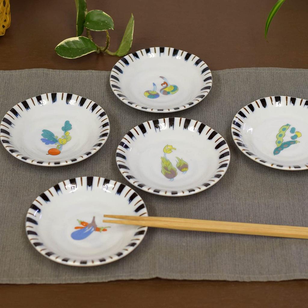 Waza no Kura Stylish Kutani Ware Small Plate Set (5 Plates) - Vegetables, Ceramic, Brand Name, Japanese Tableware, Made in Japan