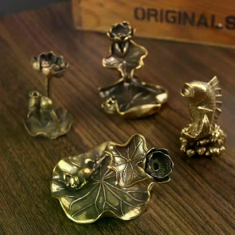 Antique Brass Leaf Backflow Incense Decorations Solid Pure Copper Frog Pond Censer Holder Ornaments Tea Pets
