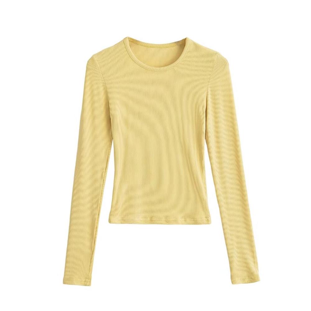 Trendy Women's Ribbed Long Sleeve Round Neck T-shirt - Slim Fit Autumn/Winter Base Layer in Solid Color.