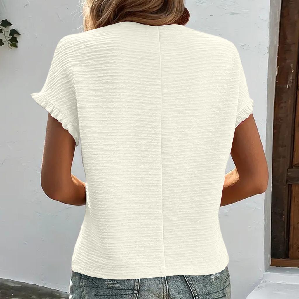 Women's  Color Pleated Regular Sleeve Short Sleeved T-shirt, Fashionable And Breathable Top