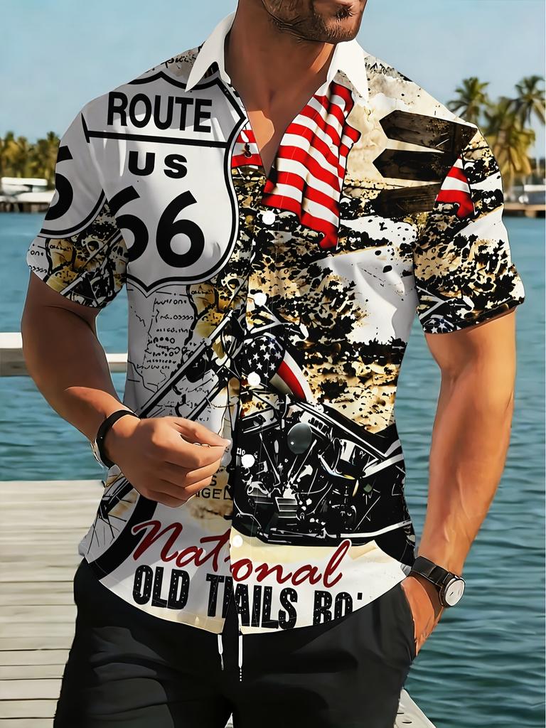 Printed Design - Not Textured] 2026 Summer New Arrival Men's Plus Size Shirt, Men's Casual Short Sleeve Beach Shirt, Route 66 Vintage Poster with