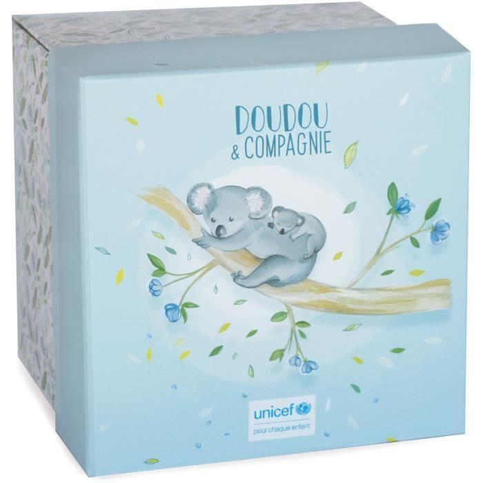 Doudou et compagnie -unicef pantin avec doudou attache-sucette – koala - 12 cm - gris - boite cadeau- dc3747
