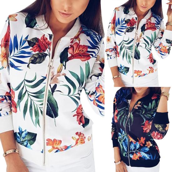 Plus Size Flower Leaves Print Sports Women Long Sleeve Baseball Jacket Zip Coat