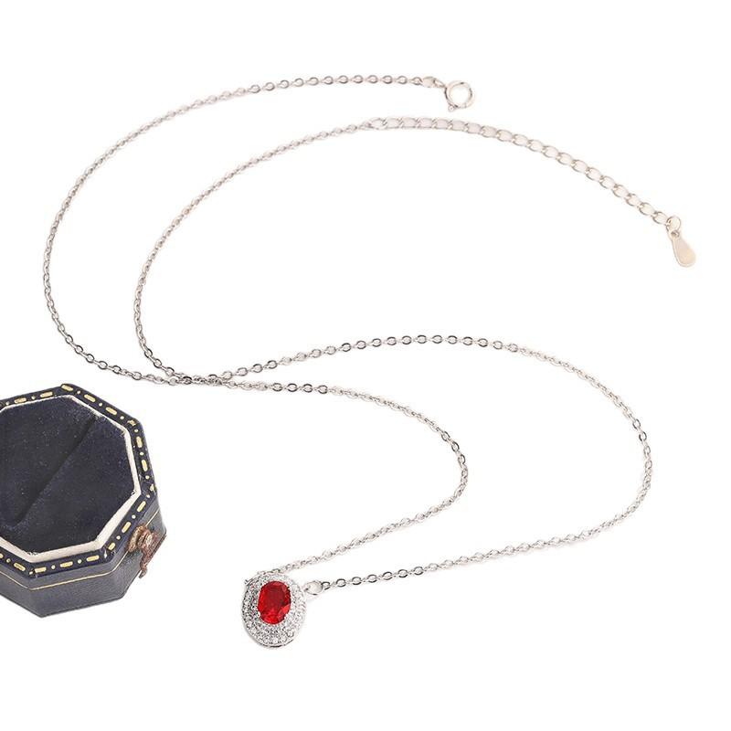 2026 Necklace European and American Temperament Red Zircon Oval Geometric Light Luxury Collarbone Chain Water Drop Pendant