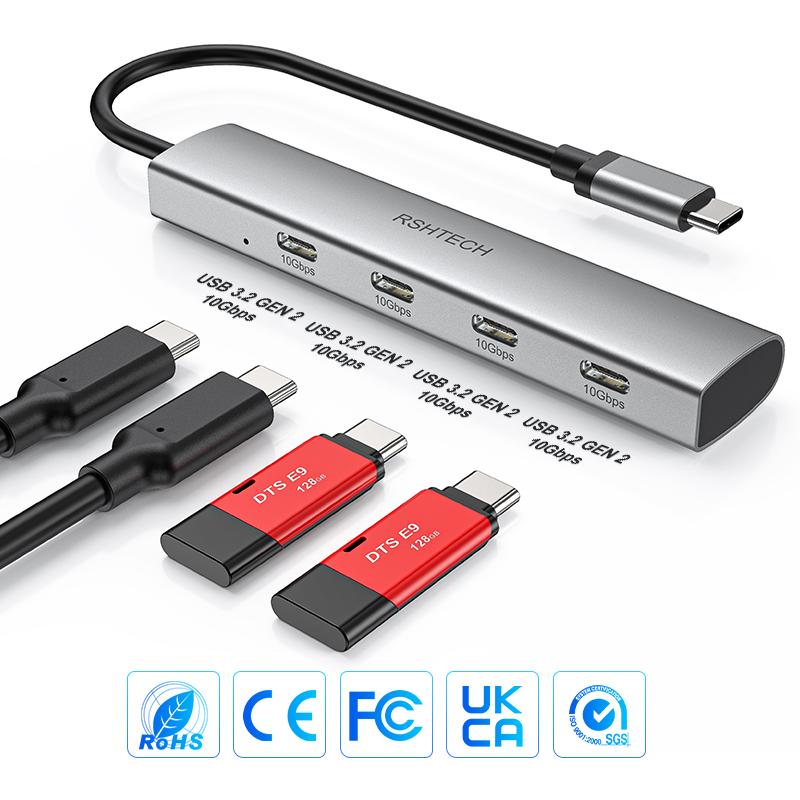 RSHTECH USB-C Type C 3.2 Gen2 Hub with 4 Ports 4-in-1 10Gbps Usb Hubs Usb c Hub for Computer Accessories