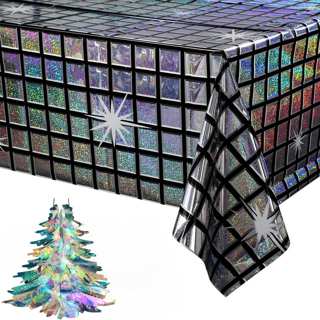 Holiday Laser Projection Tree with Sparkling Disco Ball and Glitter Grid Table Cover Kit for Xmas Party Festive Decorations