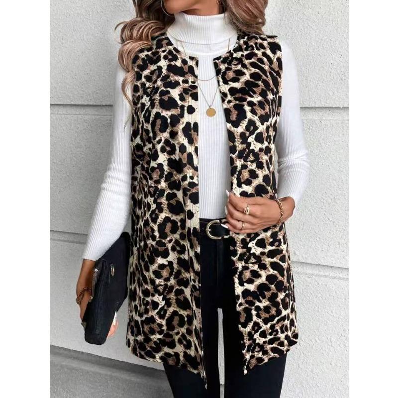 Damen S Leo-Print V-Ausschnitt Pullover Mittellanger Mantel