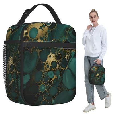 Dark Green Marble Pattern Insulated Lunch Bag for Kids School Cooler Thermal Food Box Tote Leakproof Lunch Boxes Container