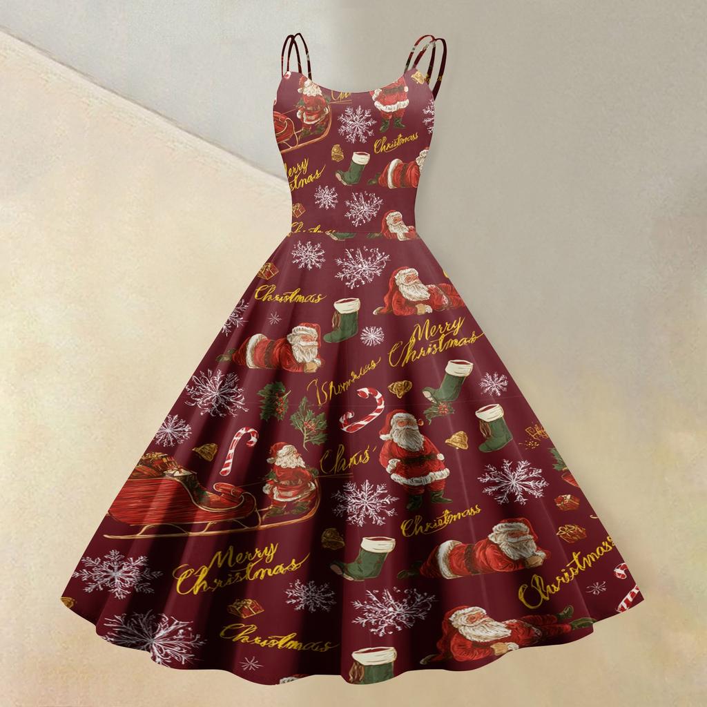 Women's Stylish Casual Sleeveless Round Neck Dress with Christmas Print for Holiday Party