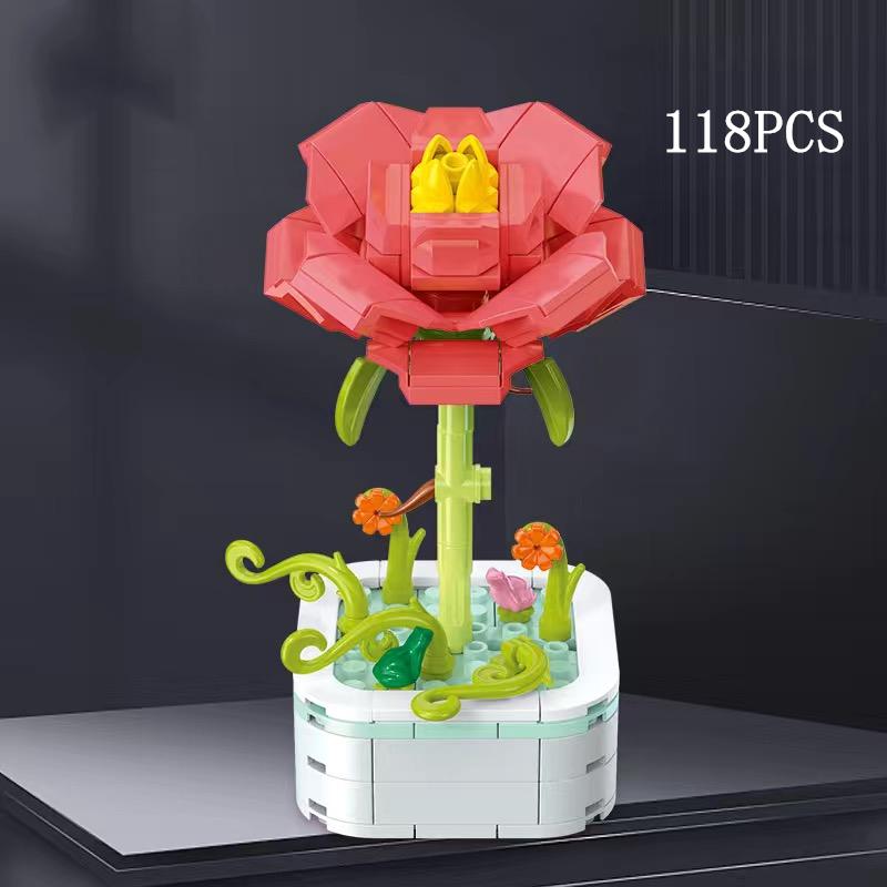 Kalıcı Buket Lale Çiçeği Yapı Taşı 3D Model Ev Dekorasyonu Bitki Saksıda Montaj Tuğlaları Sevgililer Günü Çocuk Hediyeleri