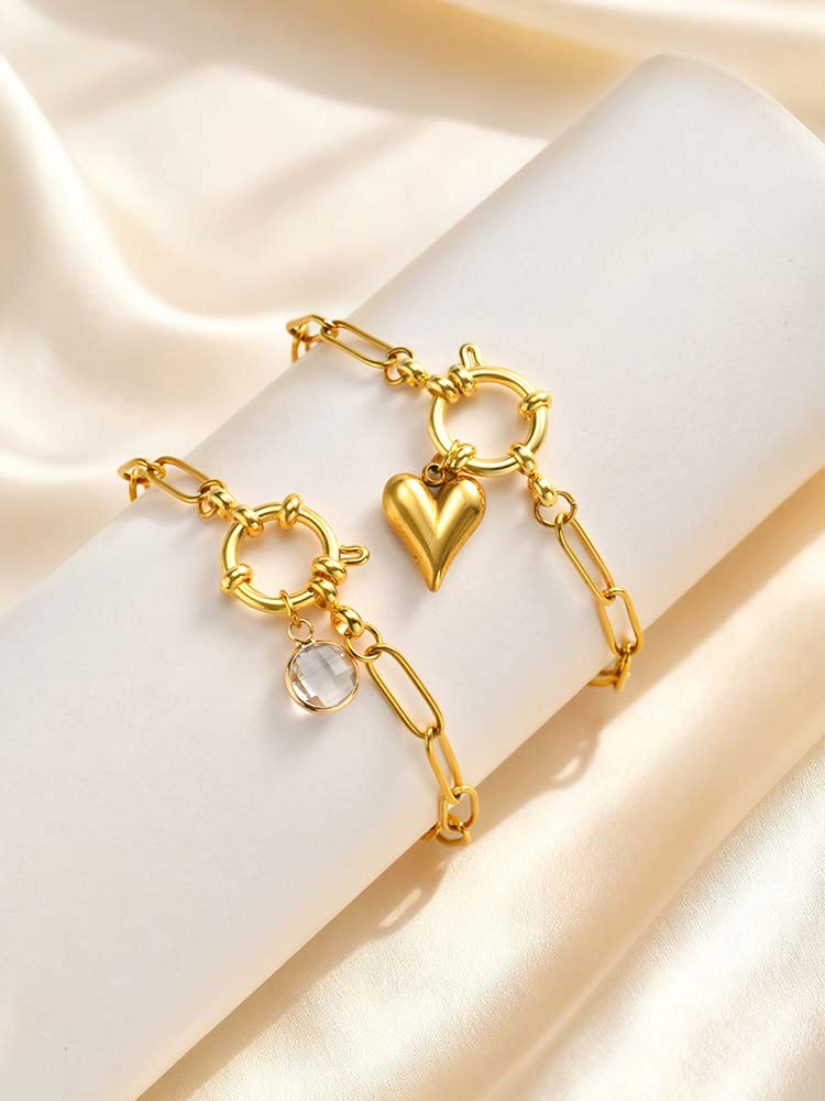 18K Gold Plated Stainless Steel Paperclip Link Chain Bracelet for Women, Spring Clasp Toggle Clasp Zircon Heart Charm Bracelet