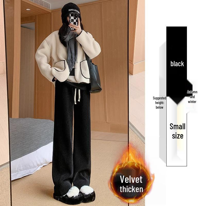 Women's High-Waisted Black Fleece-Lined Floor-Length Pants - 145cm, Straight-Leg/Narrow/Wide-Leg, Autumn/Winter, Petite 150