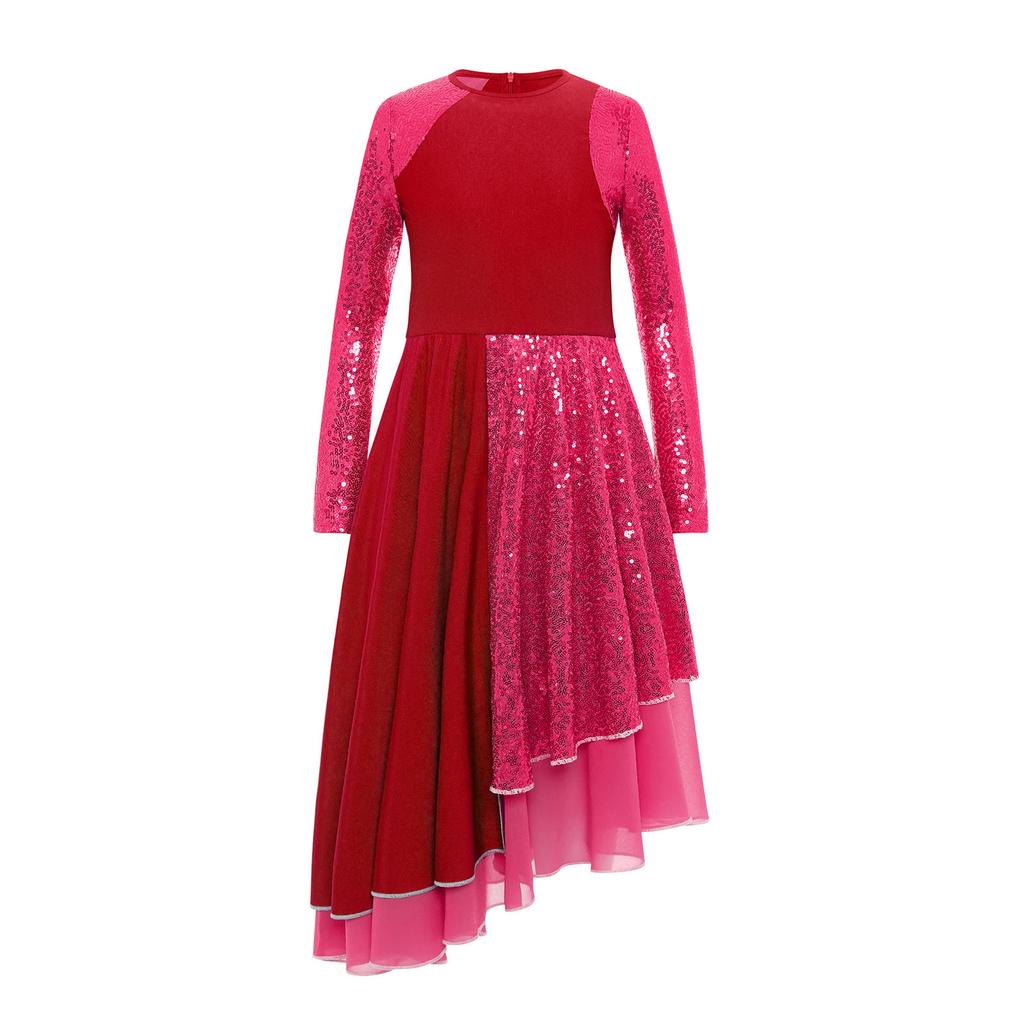 Girls Praise Dance Dress Long Sleeve Round Neck Design with Sparkling Sequins Color Block Asymmetrical Robe
