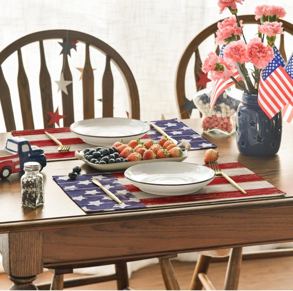 American Star and Stripes 4th of July Placemats Set of 4, 12x18 Inch Patriotic Memorial Day Table Mats for Party Kitchen Dining Decoration