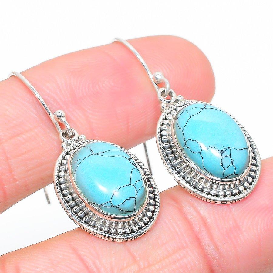 Natural Turquoise Gemstone Handmade 925 Solid Sterling Silver Earring 1.25" V2T56