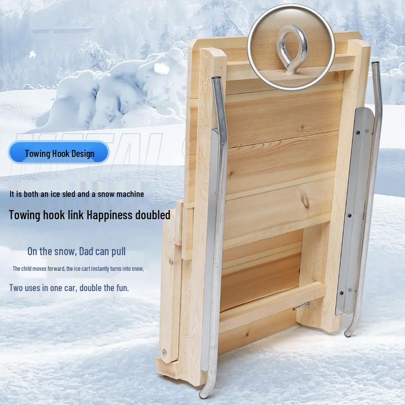 Dual-Person Folding Nostalgic Ice Sled with Backrest and Children's Ice Skates, Solid Wood Design for Outdoor Use