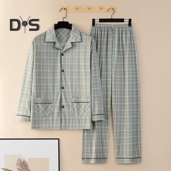 2Pcs/Set Men Pajamas Set Plaid Print Lapel Long Sleeve Single Breasted Shirt Elastic Waist Long Pants Set Loose Fit Loungewear Suit