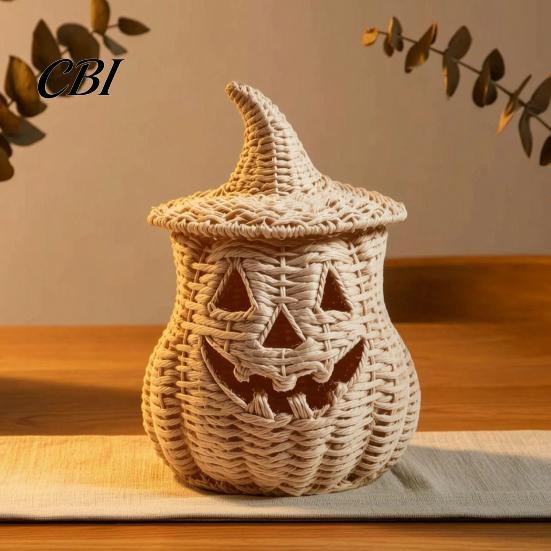 Rustic Fall Aesthetic Halloween Pumpkin Lantern Tabletop Decor, Woven Witch Hat Candy Bowl & LED Decor Prop, Gothic Centerpiece for Home Shelf Mantel