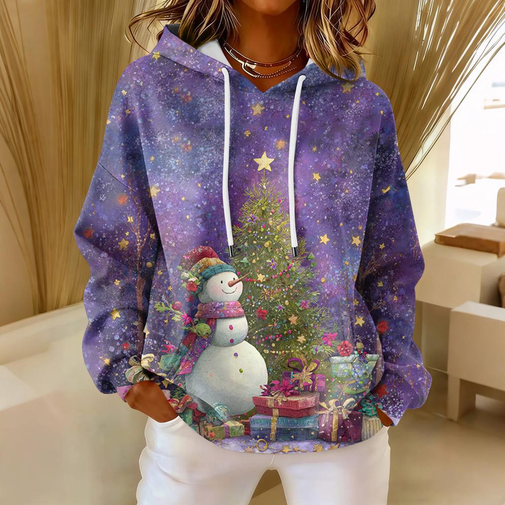 Dámská volná pohodlná ležérní módní mikina s dlouhým rukávem a vánočním potiskem ve výstřihu do V