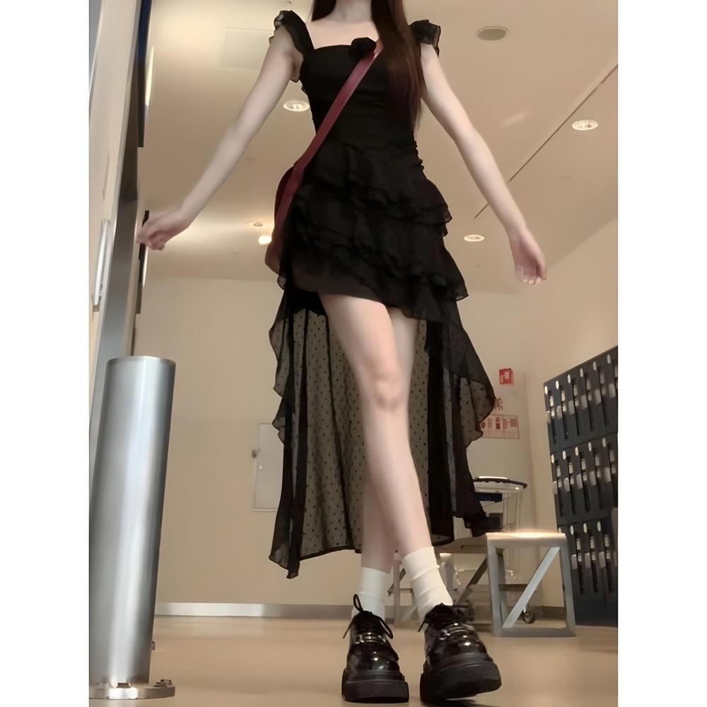 

Модное платье-сарафан с принтом в горошек, с маленькими рукавами-крылышками, женское летнее платье с неровным подолом, шлейфом и темпераментом XL- (recommended 110-60kg) чёрный