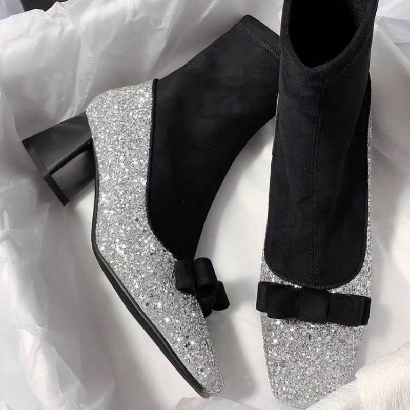 

Блестящие ботильоны Женская мода Квадратный носок Бант Панельные Нескользящие Износостойкие Облегающие ботинки 35