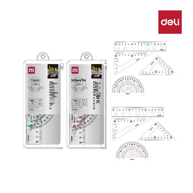 Deli VC17/VC18 Transparent 4-Piece Drafting Set: Ruler, Square, and Protractor 15cm