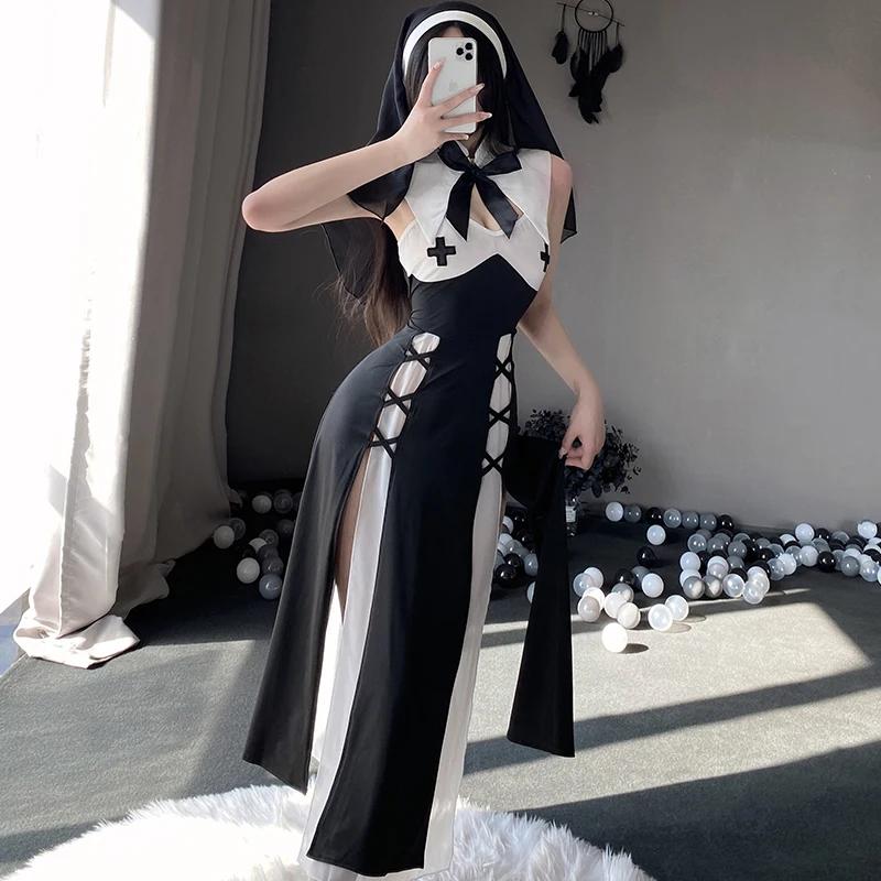 Nun Cosplay Women's Sexy Lingerie Kawaii Black Hollow Out Dress Halloween Passion Uniform Anime Maid Costume Suit