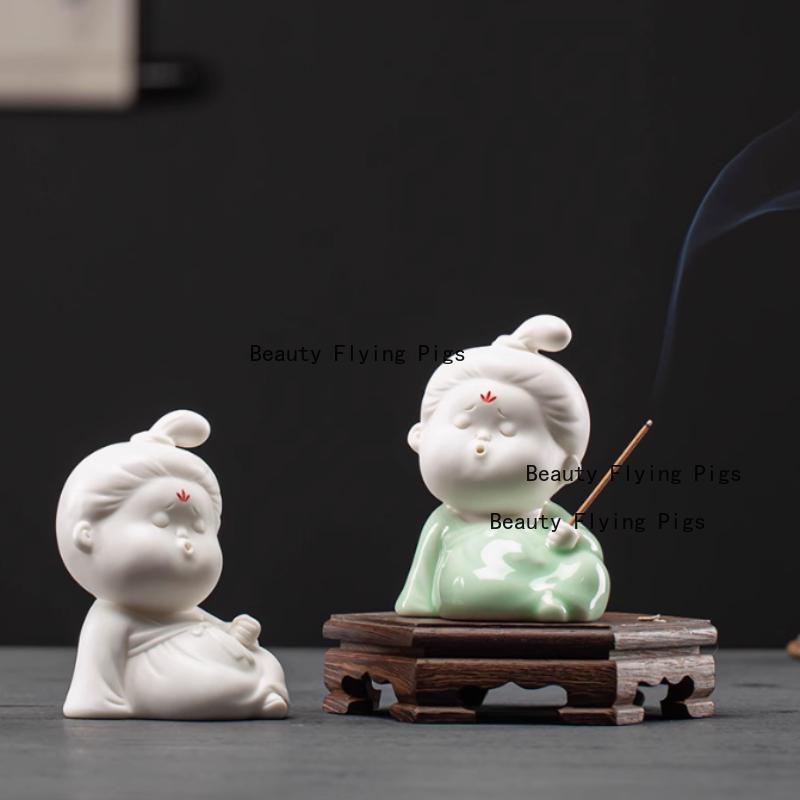 Ceramic small official women's ornaments Chinese style Home living room decoration Fragrant ornament Tea room desktop decoration