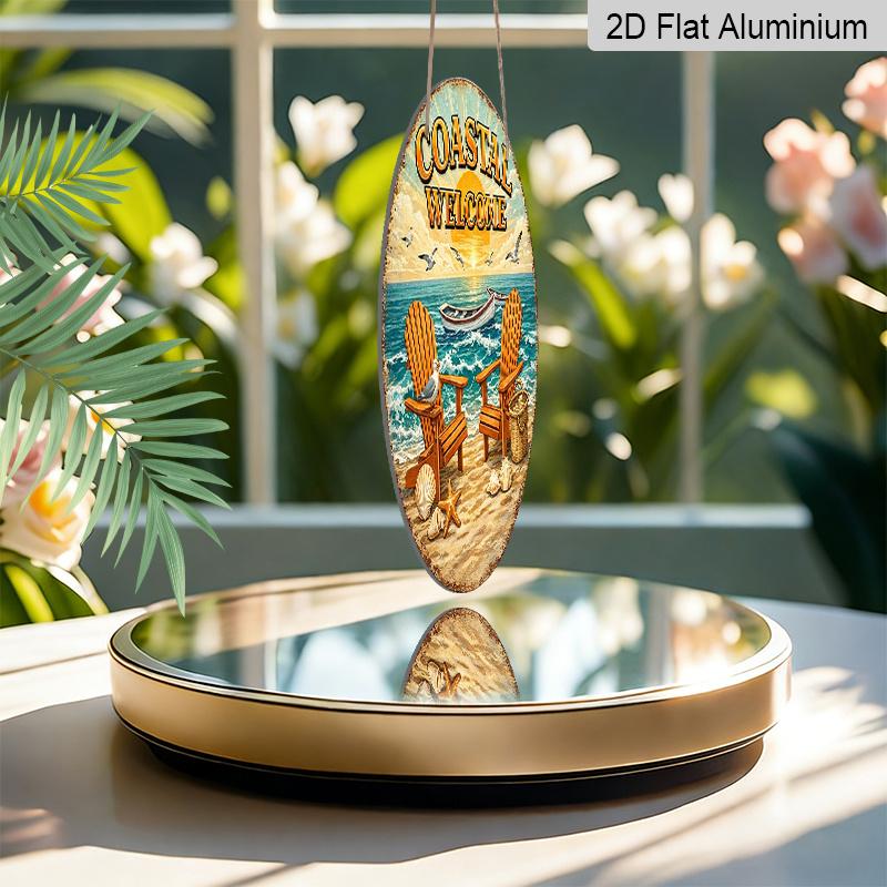 2D Flat, 1pc Round Aluminum Hanging Sign - "Coastal Welcome" Beach Sunset Vintage Metal Wall Art, Retro Ocean Chair & Seashell Design, Perfect for