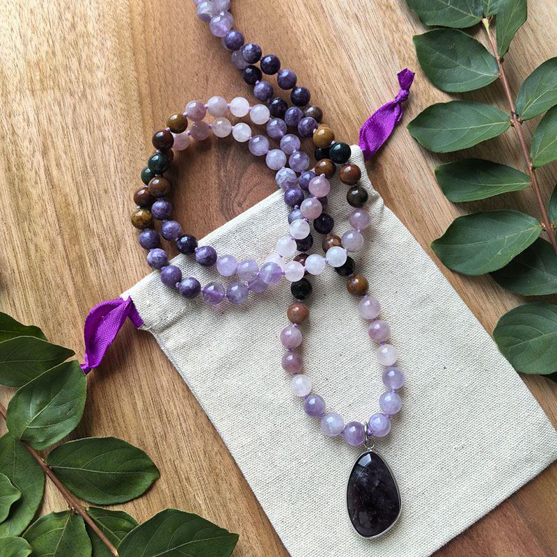 Natural Rose Quartz,Lepidolite,Amethyst Mala Necklace,108 Hand Knotted Meditation Japa Mala,Healing Crystals,Yoga Prayer Gift