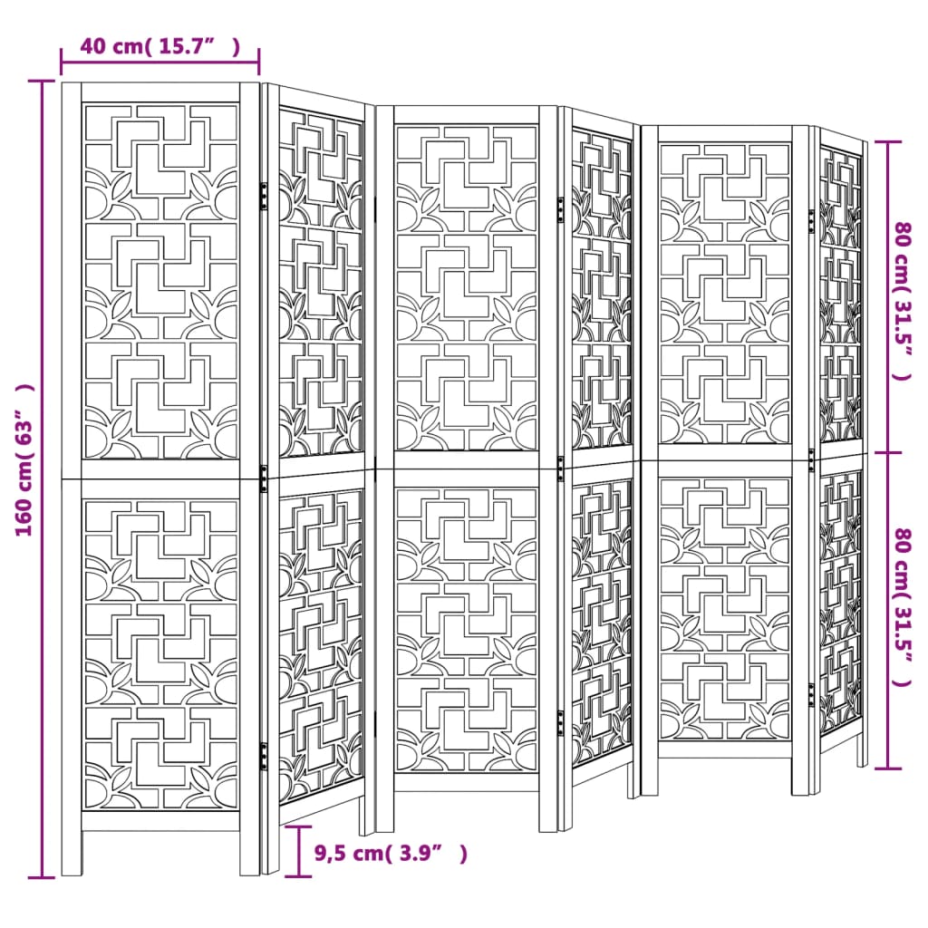 6 Piece Room Divider In Brown Solid Paulownia Wood
