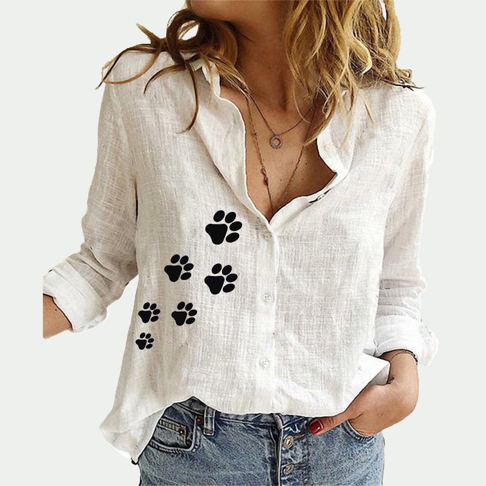 Women Fashion Lapel Collar Shirt Summer&fall Casual Long Sleeve T-shirt Print Cotton Linen Top Female Loose Blouses