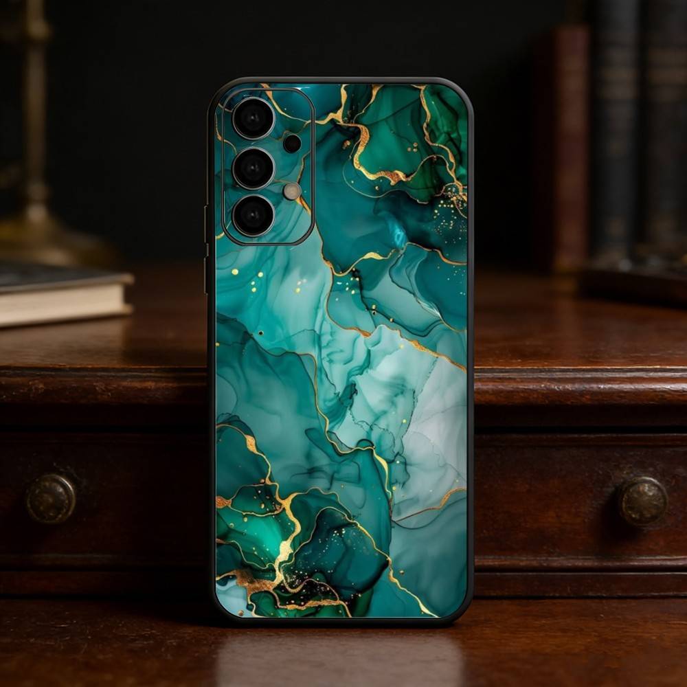 Watercolor Marble Silver Plated Inside Phone Case For Samsung S25,S24,S21,S22,S23,S30,Ultra,S20,Plus,Fe,Lite Black Shell