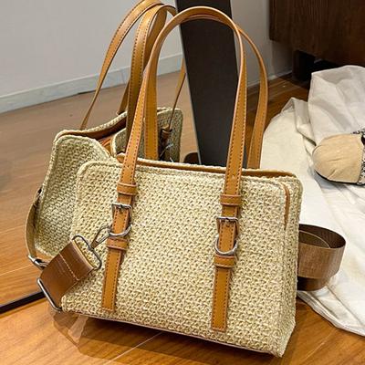 Fashion Women's Bag 2025 Summer New Foreign Style Shoulder Bag Simple Messenger Bag Straw Splicing Casual Small Square Bag Tide
