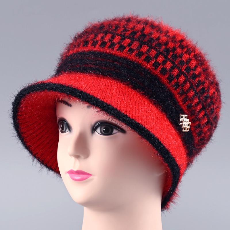 Hat Female Winter Rabbit Hair Warm Eaves Knitted Hat Windproof Plush Old Lady Wool Hat