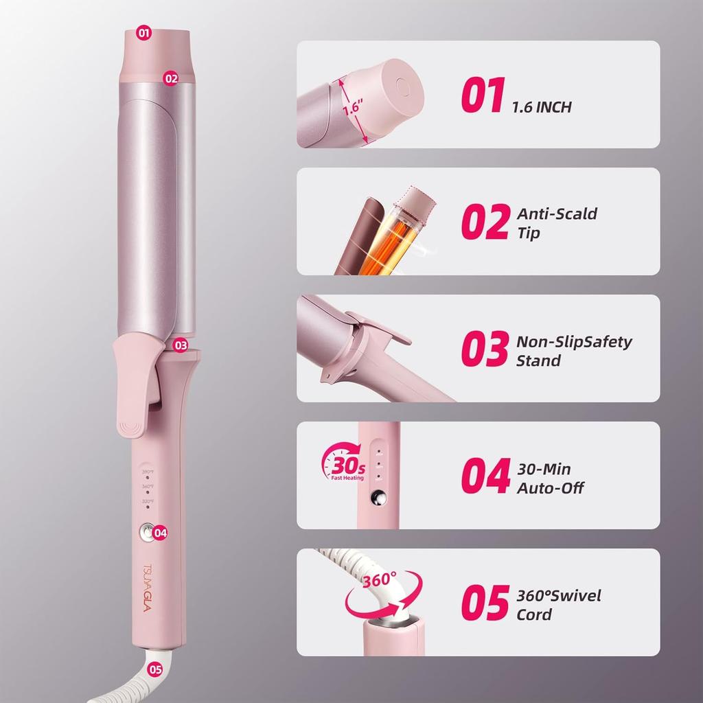 Large Hair Curling Wand, 1.6 Inch Big Barrel Curling Iron, 40 Million Ionic Ceramic Curler with 3 Temp, Auto Shut-Off, Long Barrel Curling Wand for