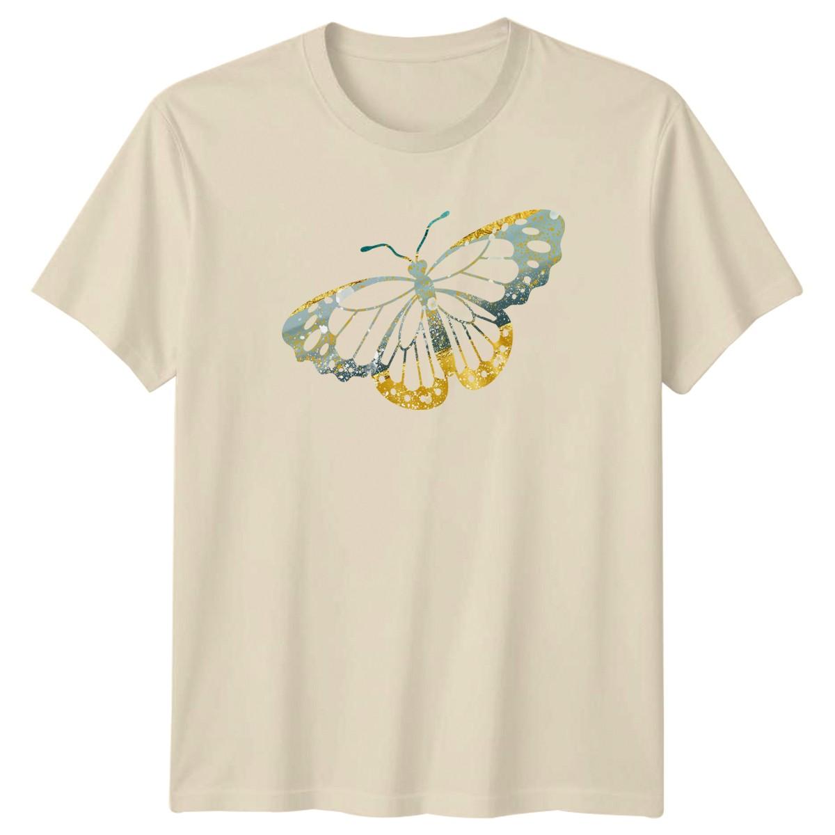Elegant Gold Teal Butterfly T-Shirt Abstract Art Nature Birthday Gift For Him L