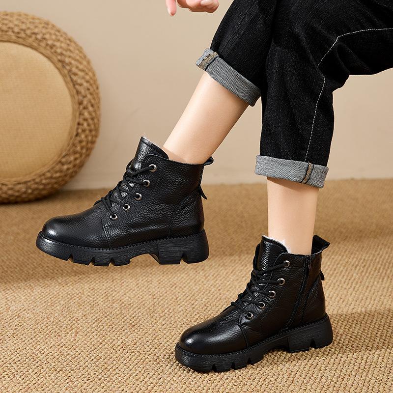 Women's large size soft elastic winter cowhide leather waterproof warm cold padded snow boots non-slip wear outdoor leisure sports Martin cotton boots