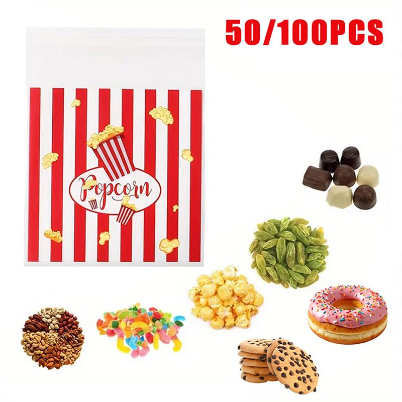 50/100 Pièces Sacs Cadeaux Design Popcorn 13*10Cm Rayure Rouge Blanche Sacs Auto-Scellants Biscuits Bonbons Sacs à Snacks Décoration de Fête
