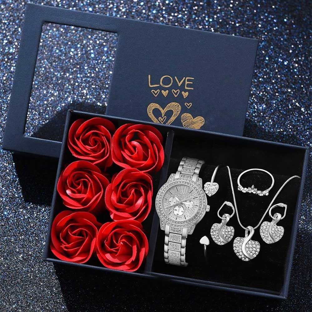 6PCS Golden Ladies' Watch Set Luxury Trendy Quartz Watch Bracelet Necklace Earrings Set Perfect Gift for Friends or Moms