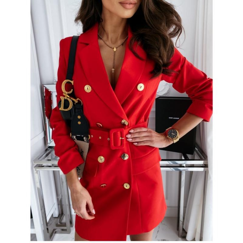Autumn Winter Women's Double-Breasted Blazer Dress, Belted Waist Office Dress with Color Options, Versatile Work To Party Wear
