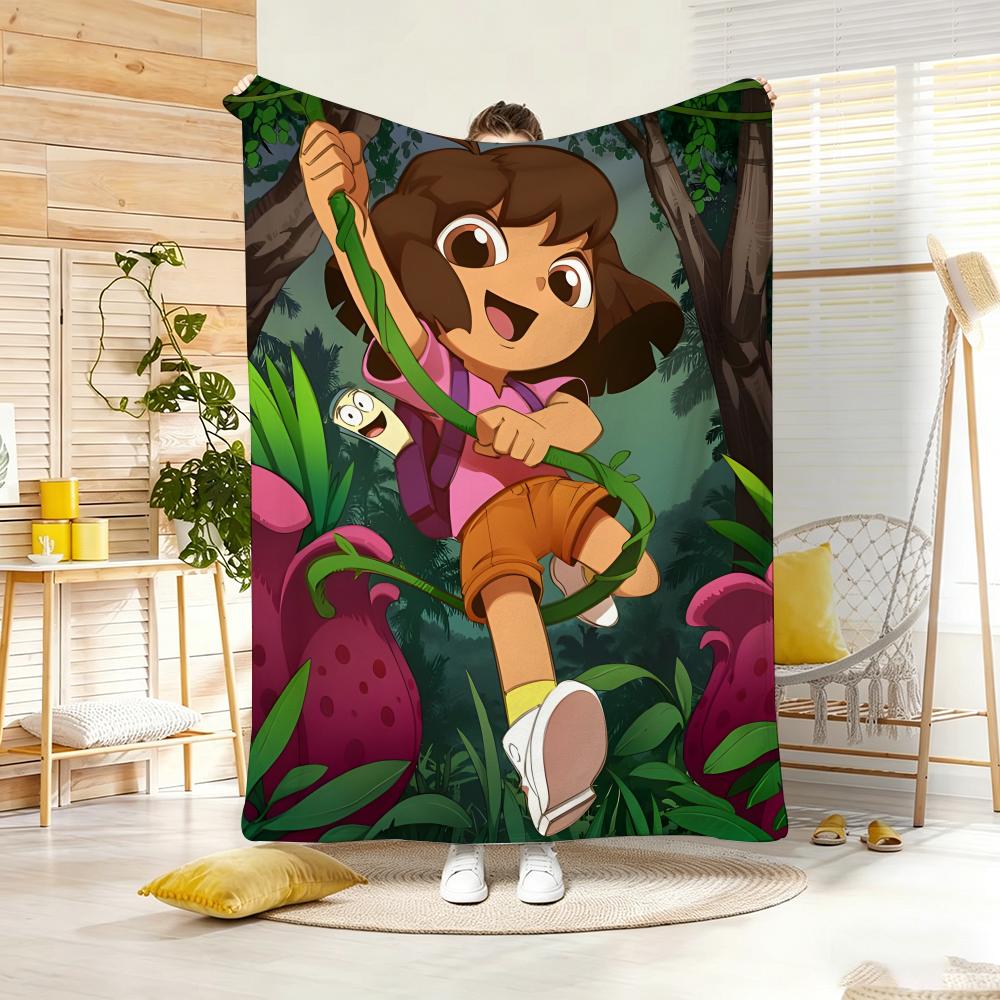 2DHand drawn Cartoon D-Dora the Explorer Throw Lightweight 240g Flannel Blanket Soft Skin-friendly for Summer Cooling