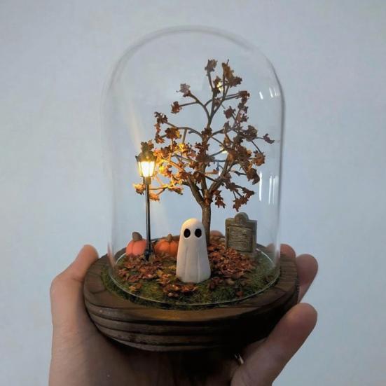 Halloween Ghost Pumpkin Lantern Lighted Glass Dome Cloche Horror Desktop Ornament for Home Fireplace Table Indoor Night Light