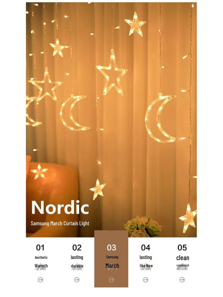 Outdoor Solar LED Star and Moon String Lights - Decorative Holiday Fairy Curtain Lights