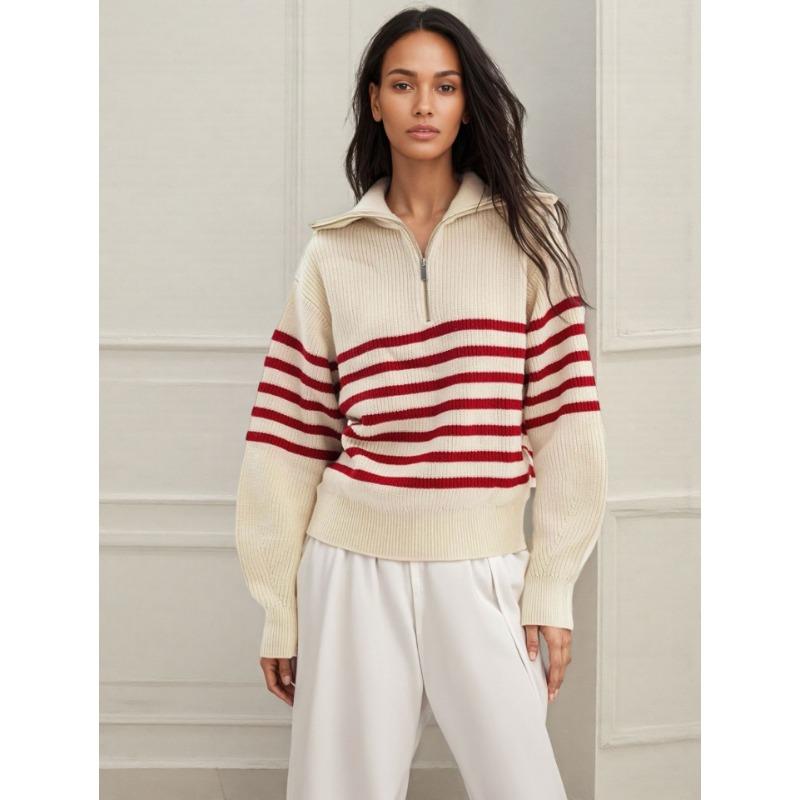 

Autumn and winter women s new open-neck knitted sweater retro striped loose commuter zipper large lapel pullover sweater XL красный